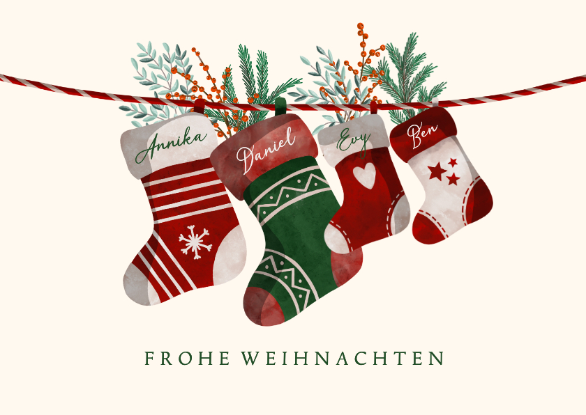 Weihnachtskarten - Weihnachtskarte vier Weihnachtssocken mit Namen