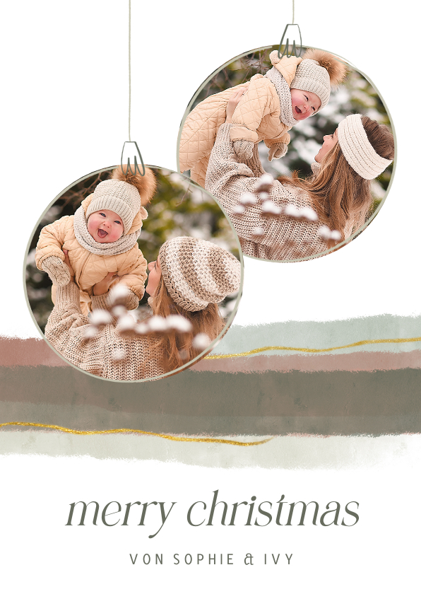 Weihnachtskarten - Weihnachtskarte Weihnachtskugeln mit Fotos Aquarellstreifen