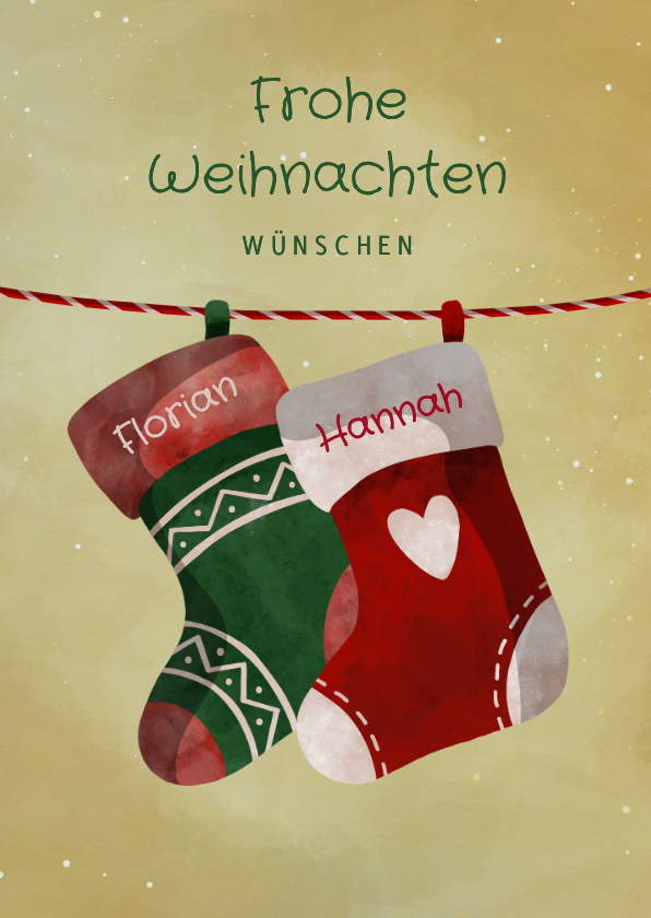 Weihnachtskarten - Weihnachtskarte zwei Weihnachtssocken an Schnur