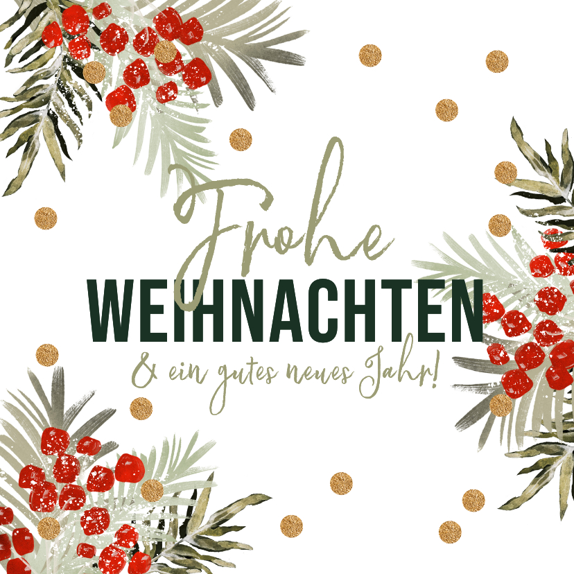 Weihnachtskarten - Weihnachtskarte Zweige und Beeren mit Goldkonfetti